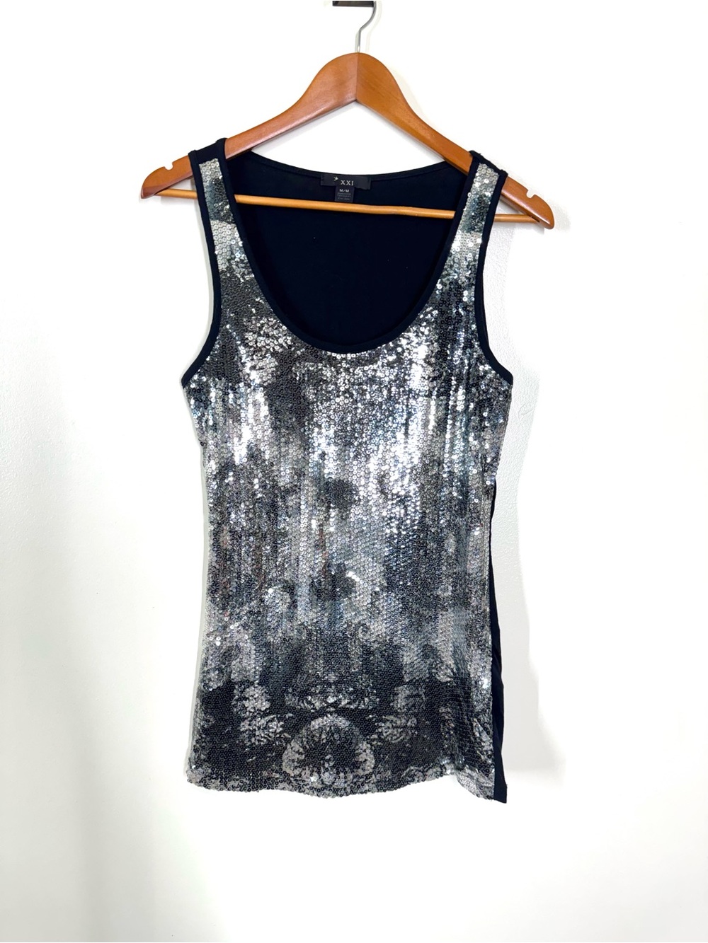 Forever 21 Silver Sequin Tank Top with Black Trim Medium Patterned & Stretchy - Picture 2 of 6